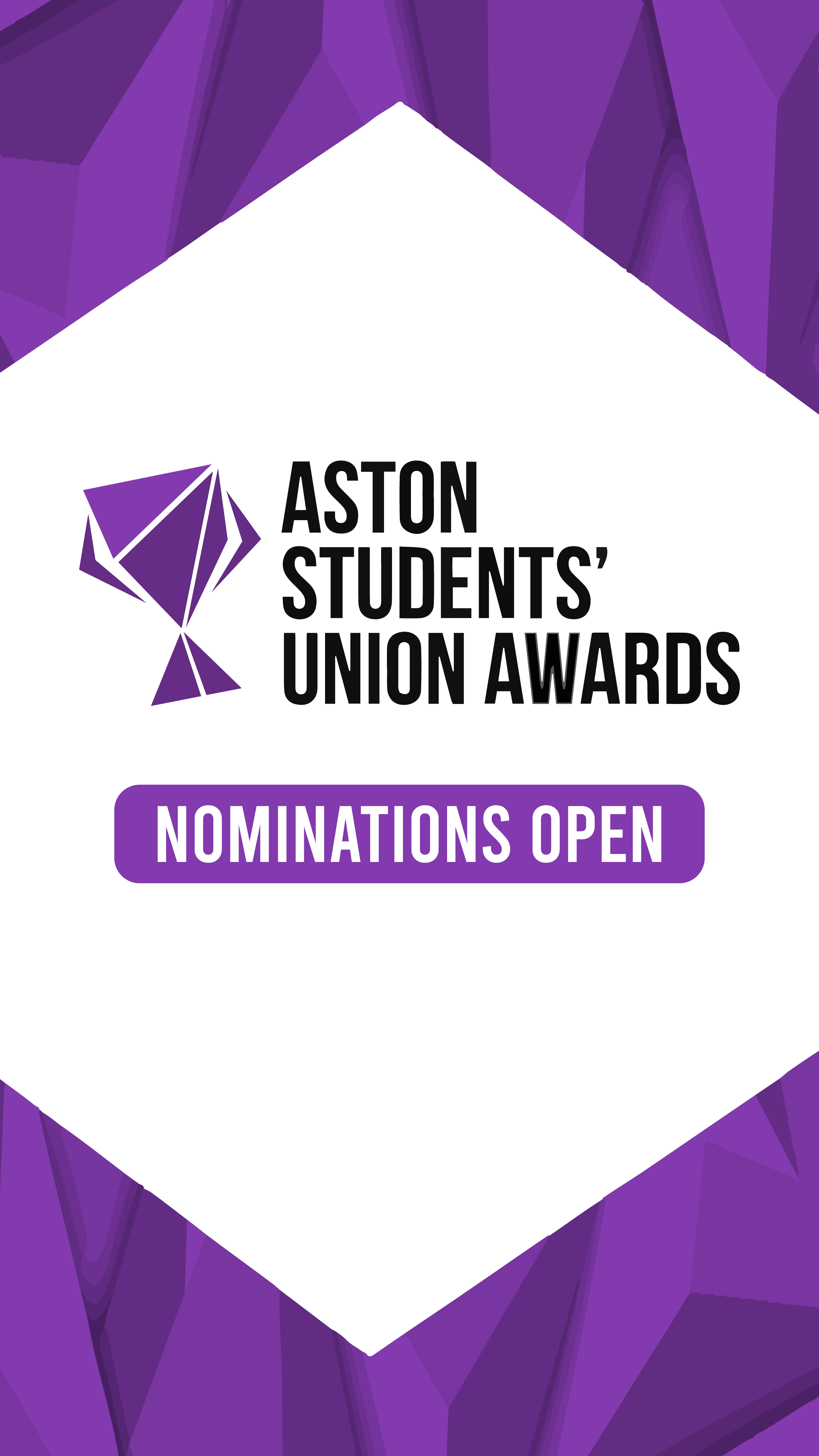 Aston Students Union Awards banner with purple trophy logo saying nominations open