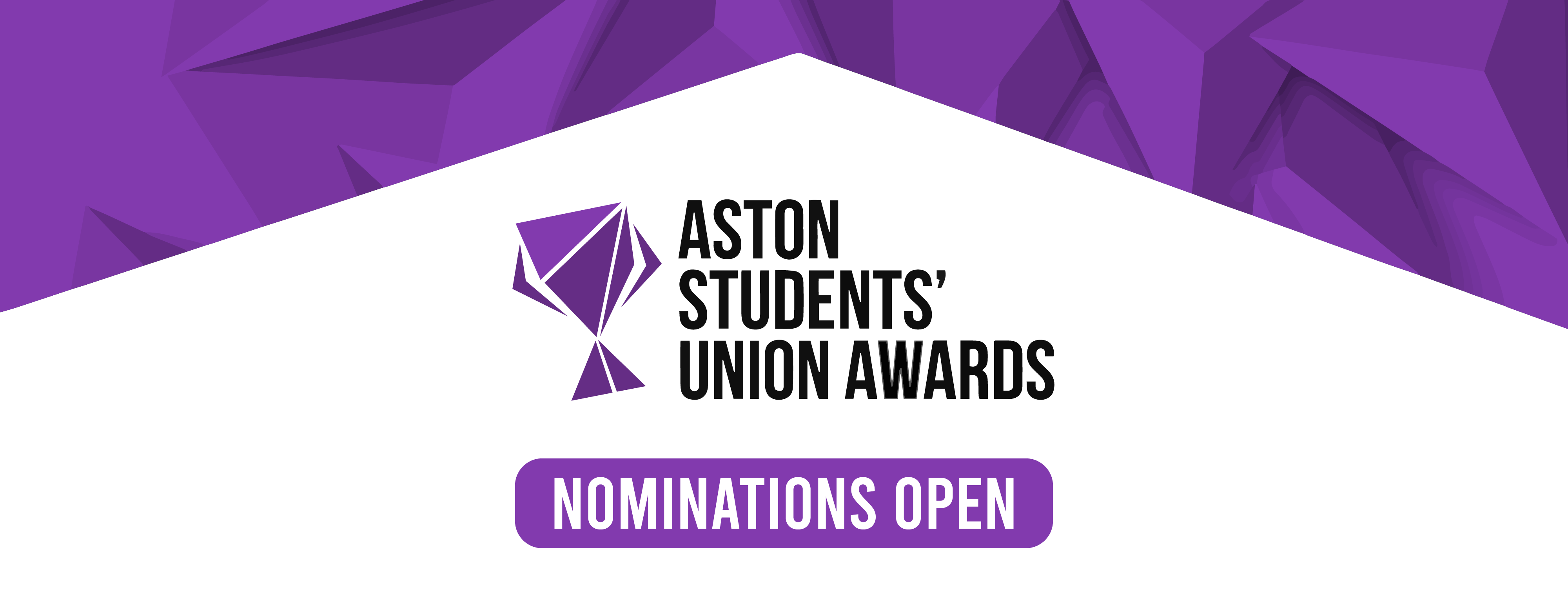 Aston Students Union Awards banner with purple trophy logo saying nominations open